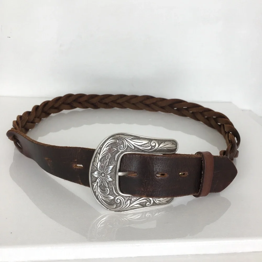Chunky Braided Woven Leather Belt Dark Brown Western Floral Silver Buckle Boho